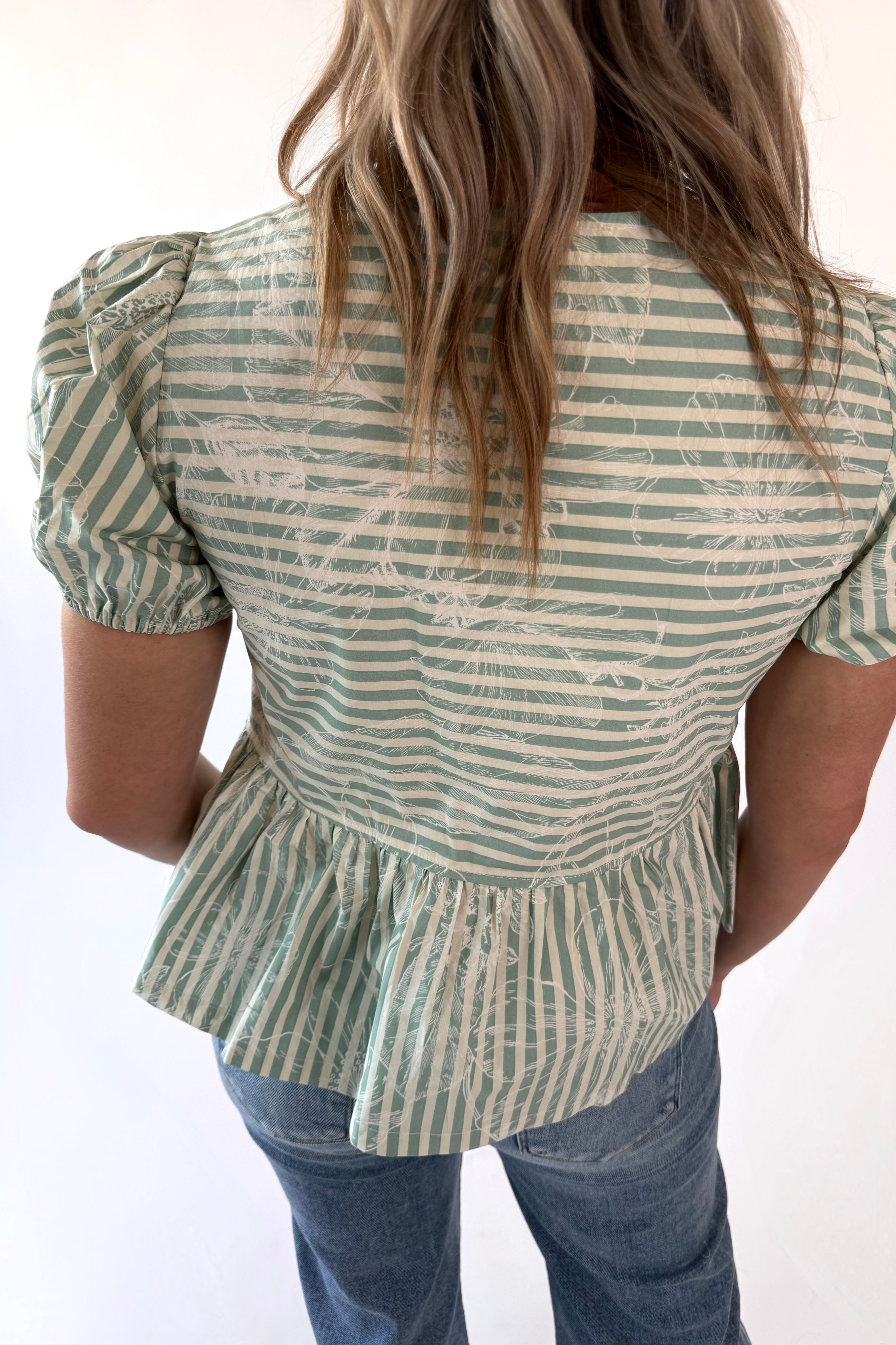 Floral Striped Front Tie + Lace Trim Top