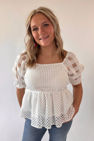 Puffy Sleeve Checkered Top