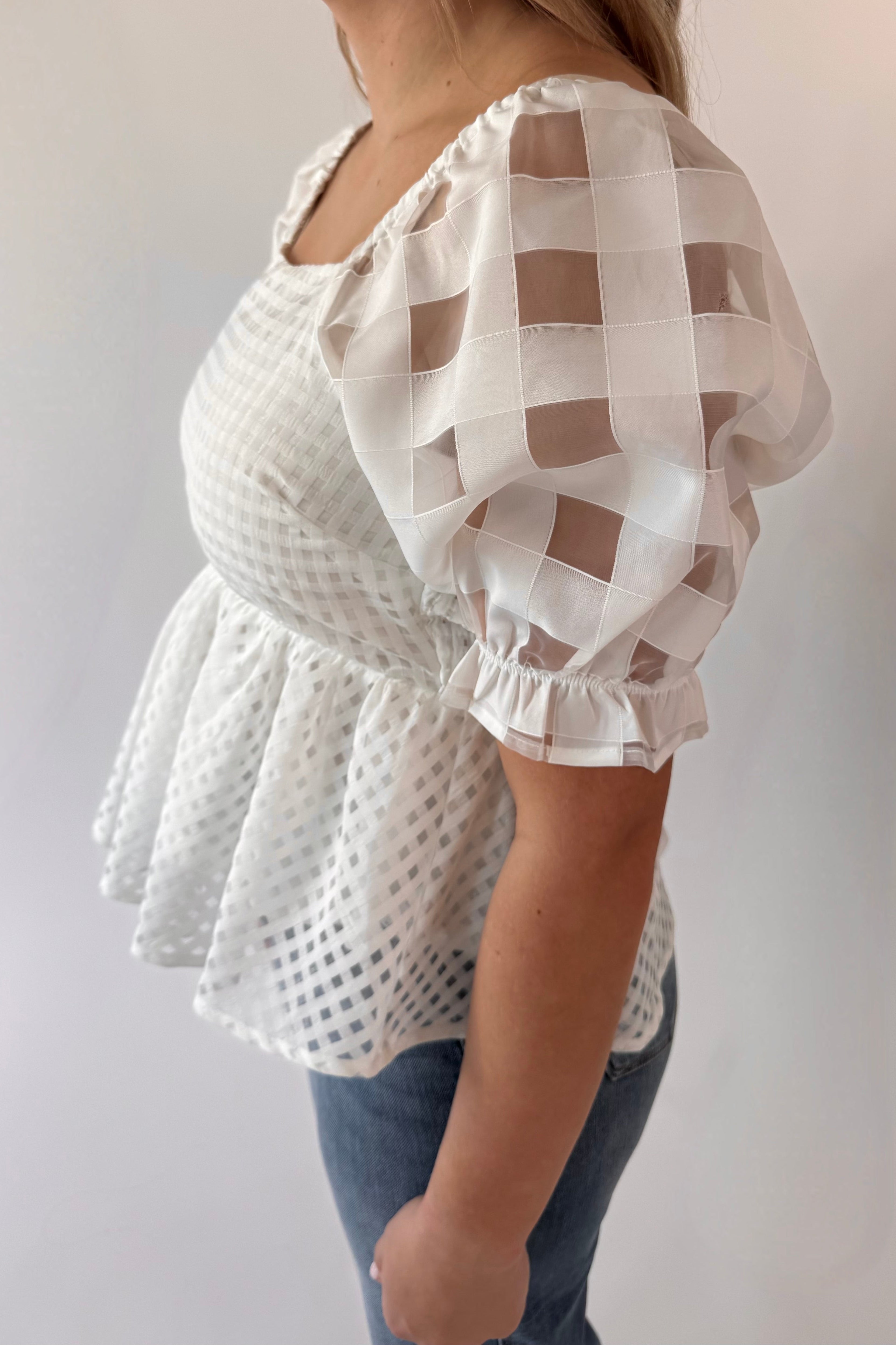 Puffy Sleeve Checkered Top