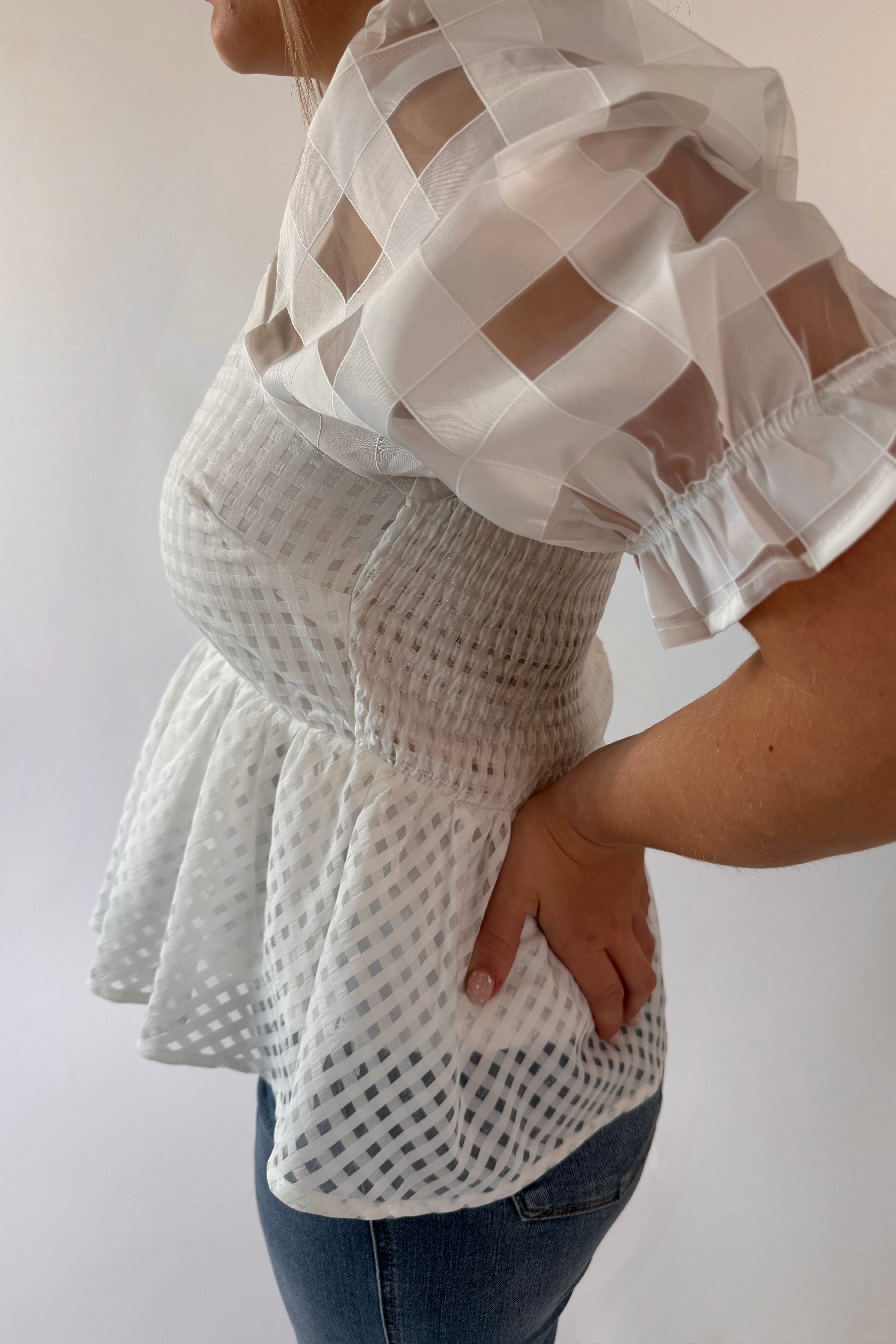 Puffy Sleeve Checkered Top