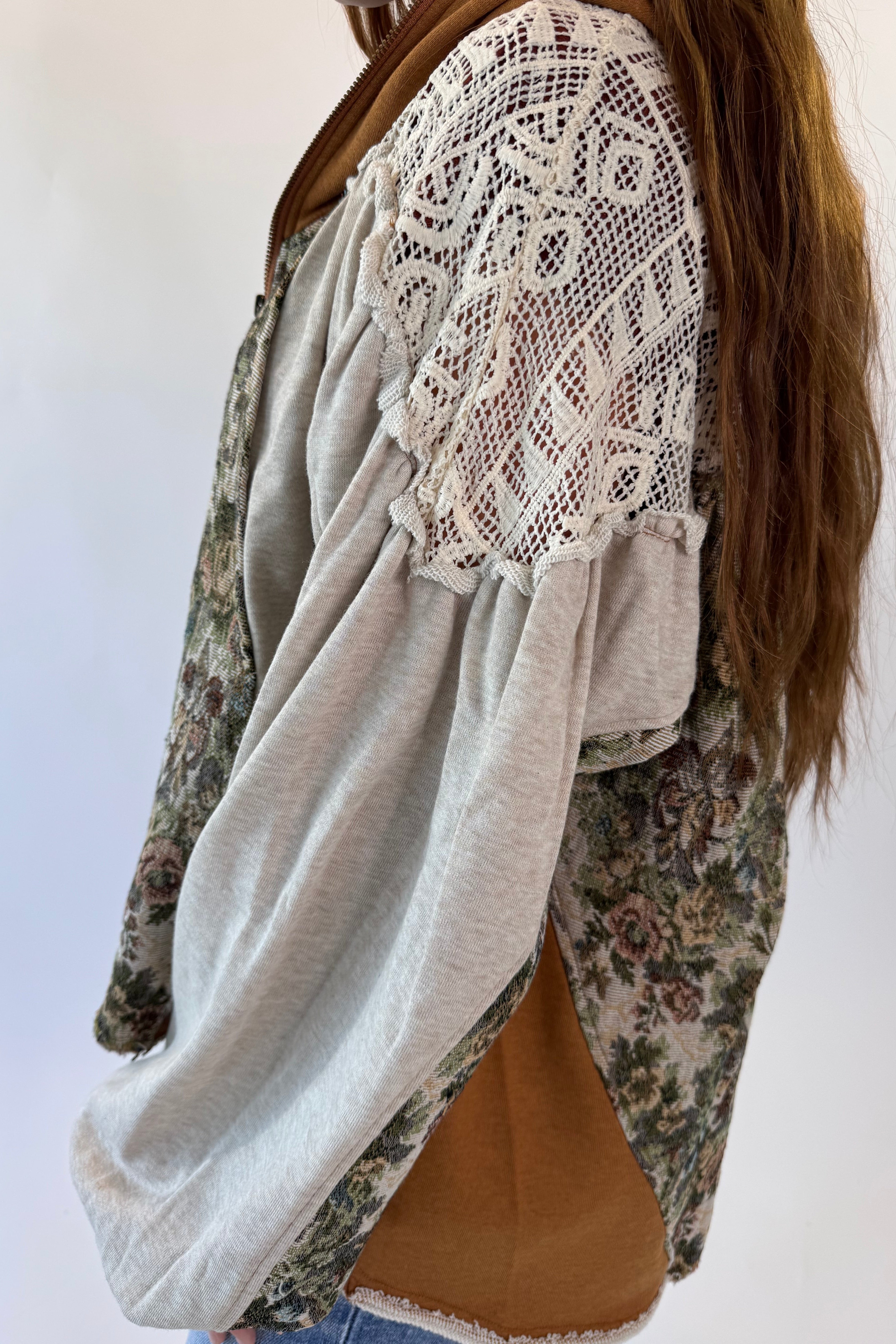 Lace Yoke Hooded Zip Jacket