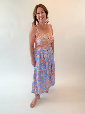Floral Button Down Tape Trim Midi Dress
