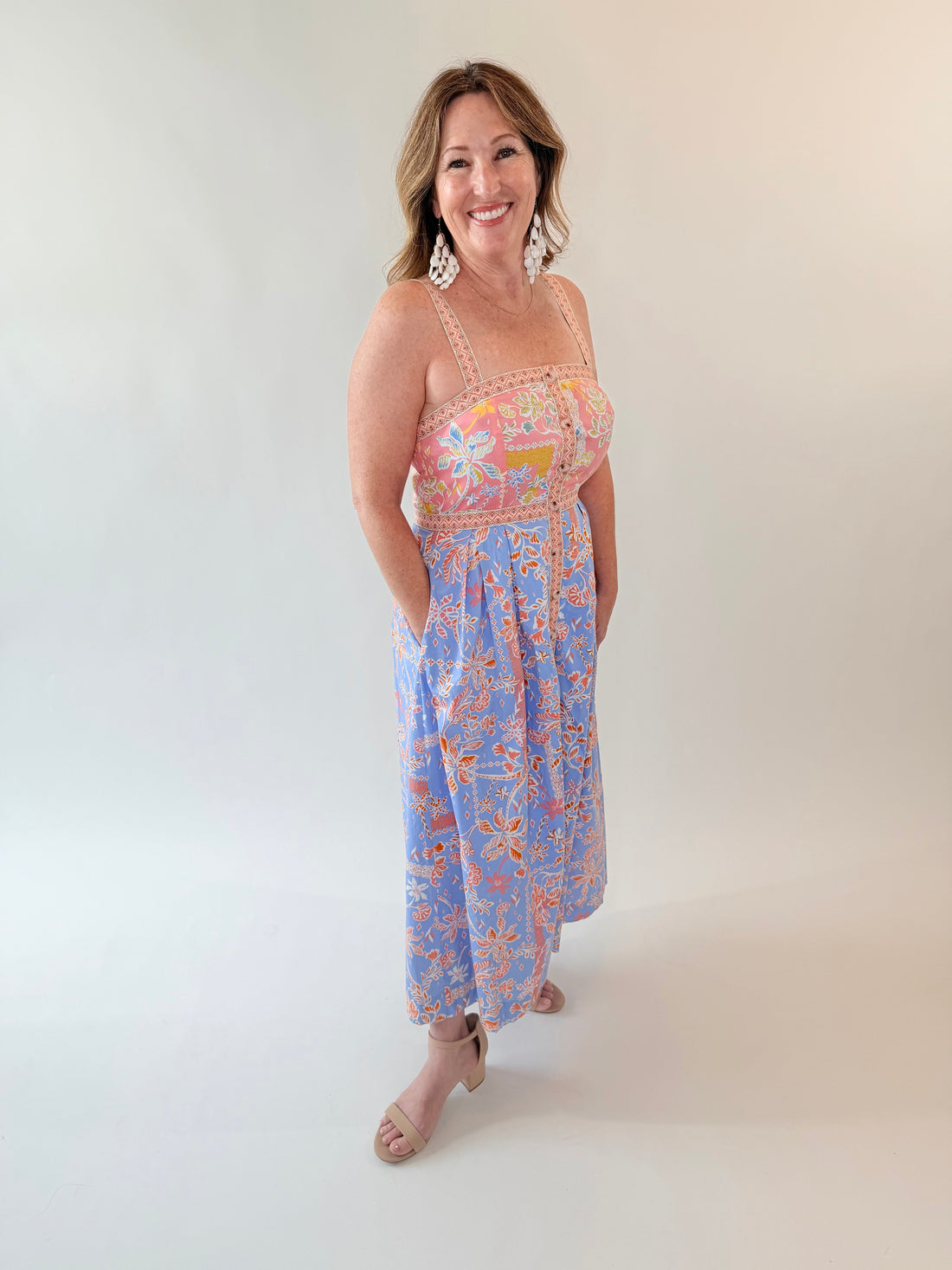 Floral Button Down Tape Trim Midi Dress