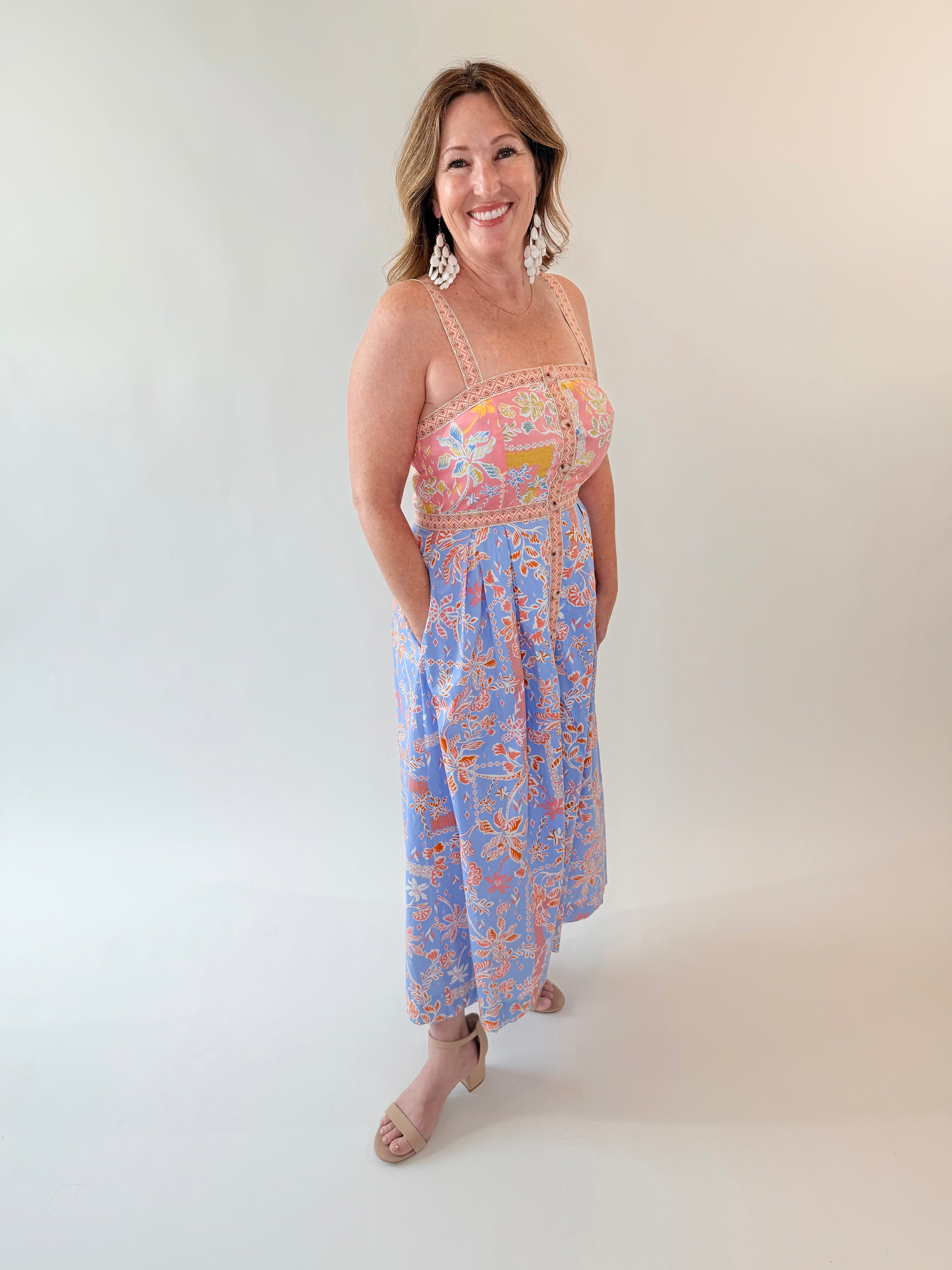 Floral Button Down Tape Trim Midi Dress