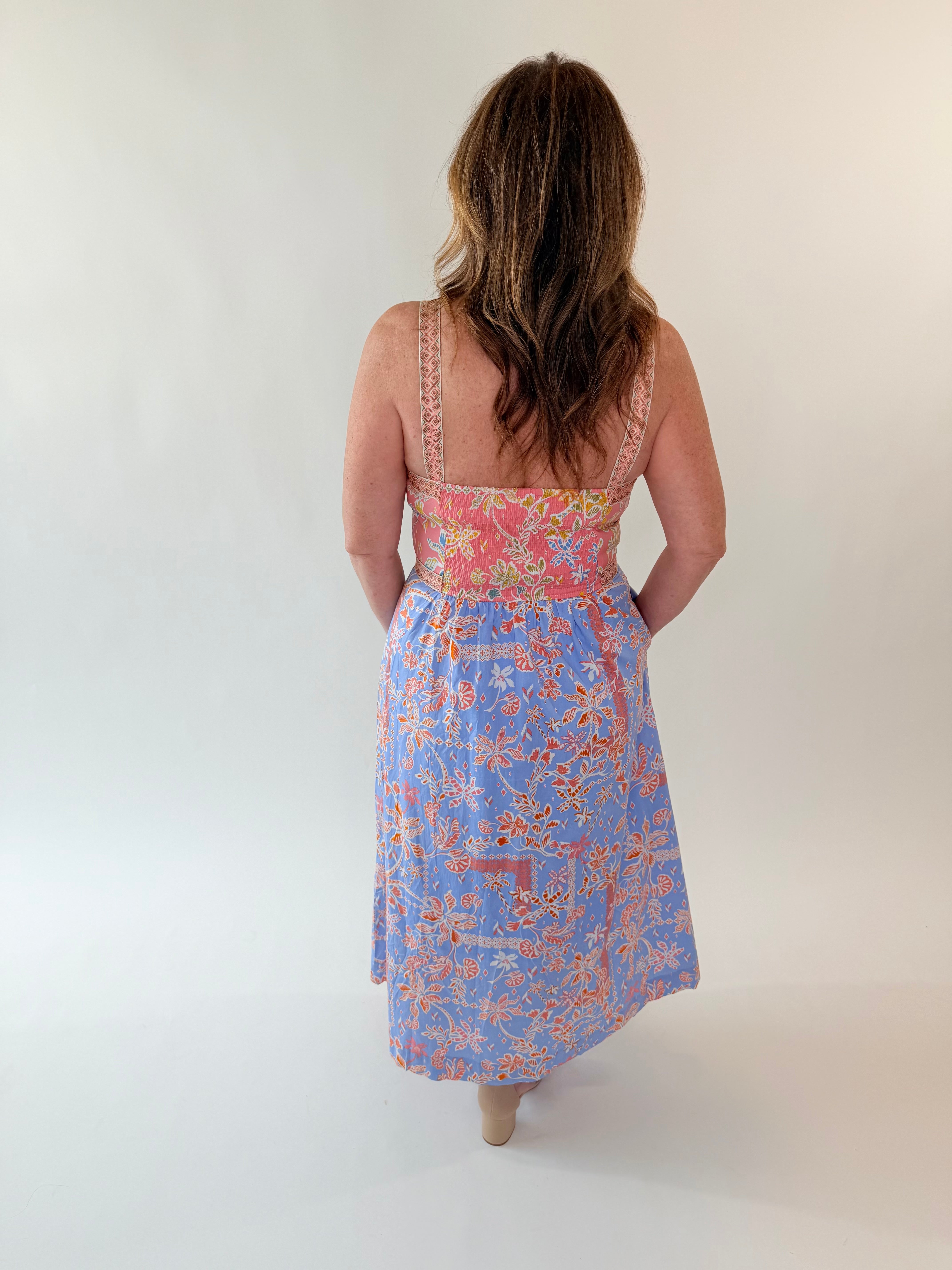 Floral Button Down Tape Trim Midi Dress