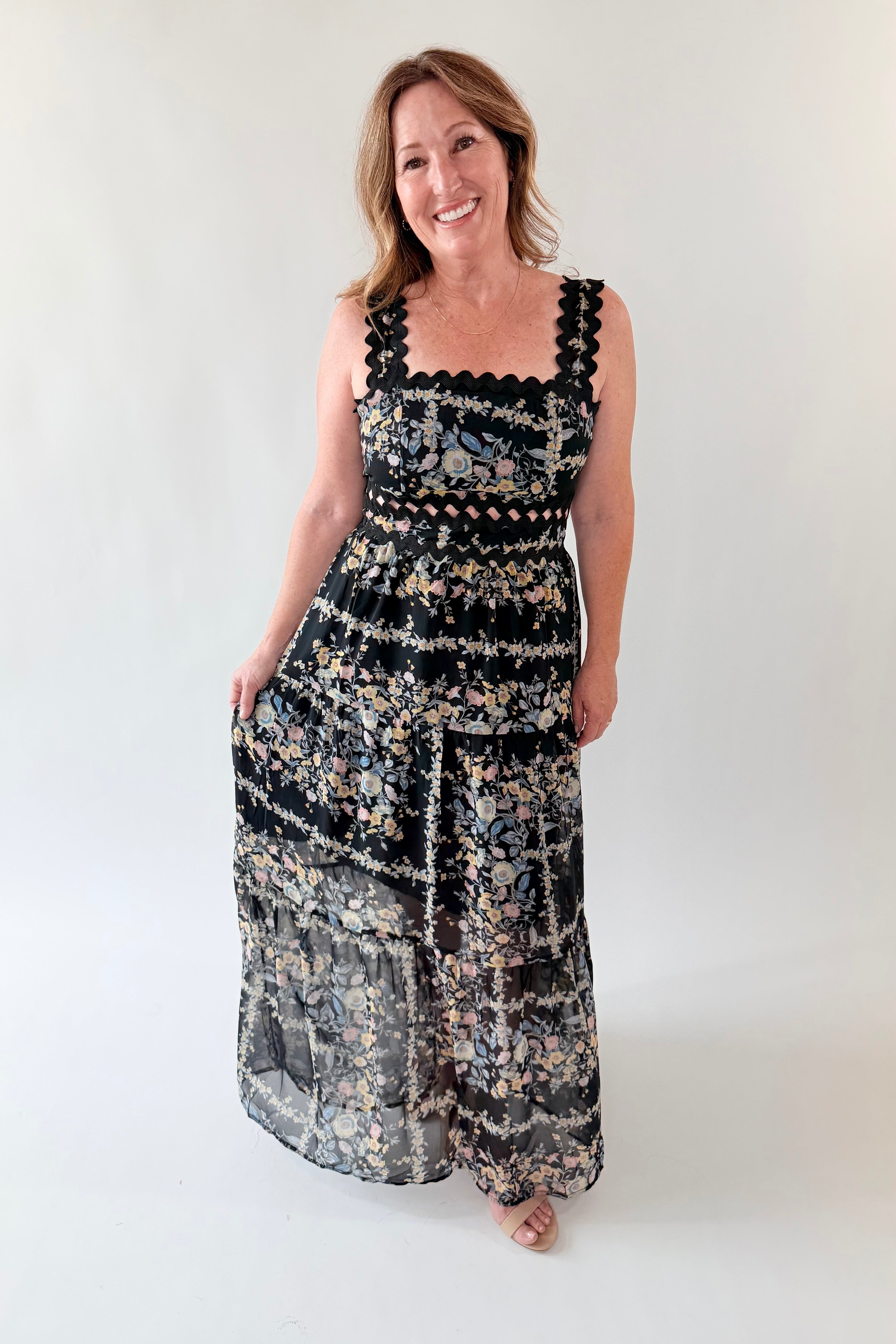 Floral Ric Rac Trim Tiered Maxi Dress