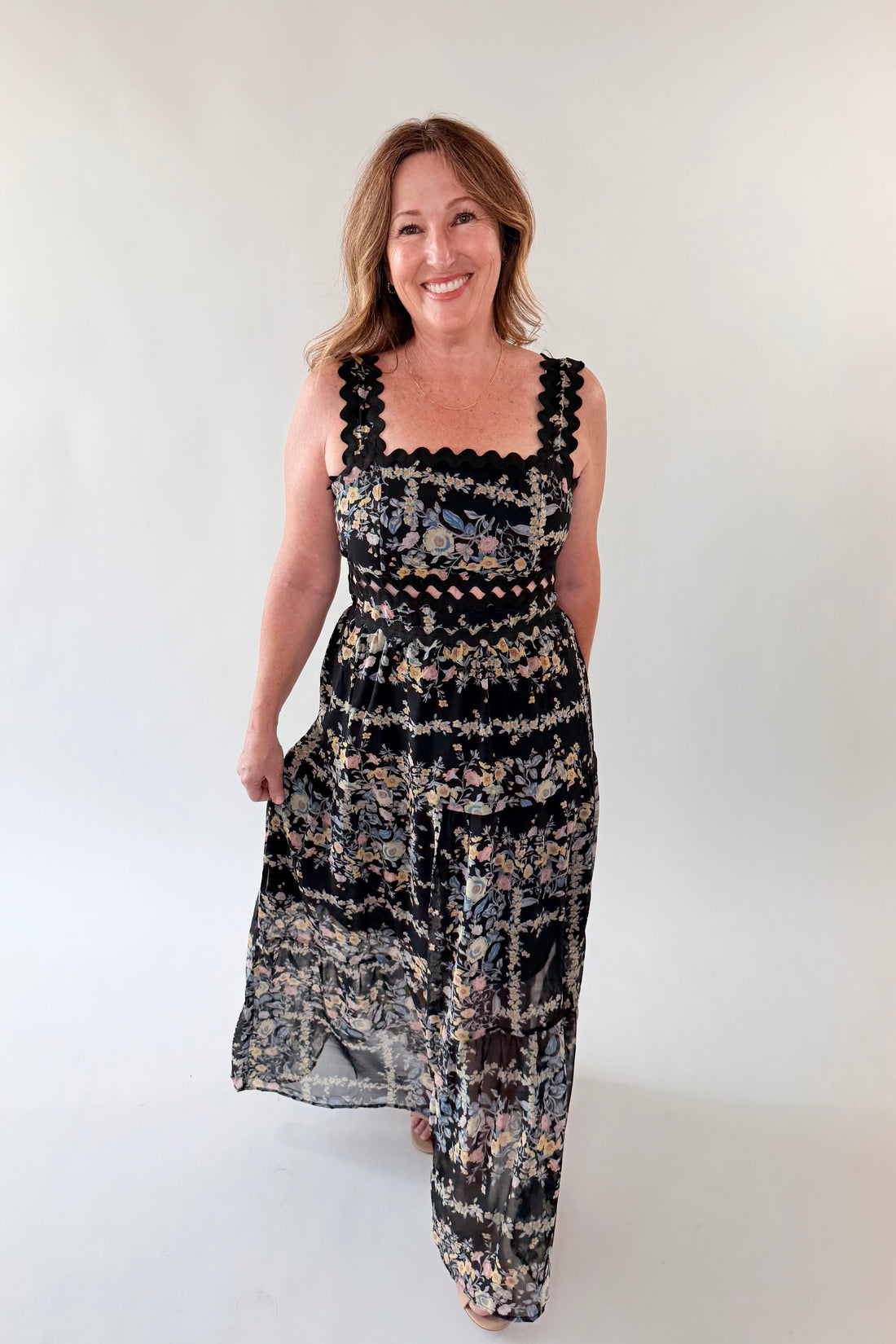 Floral Ric Rac Trim Tiered Maxi Dress