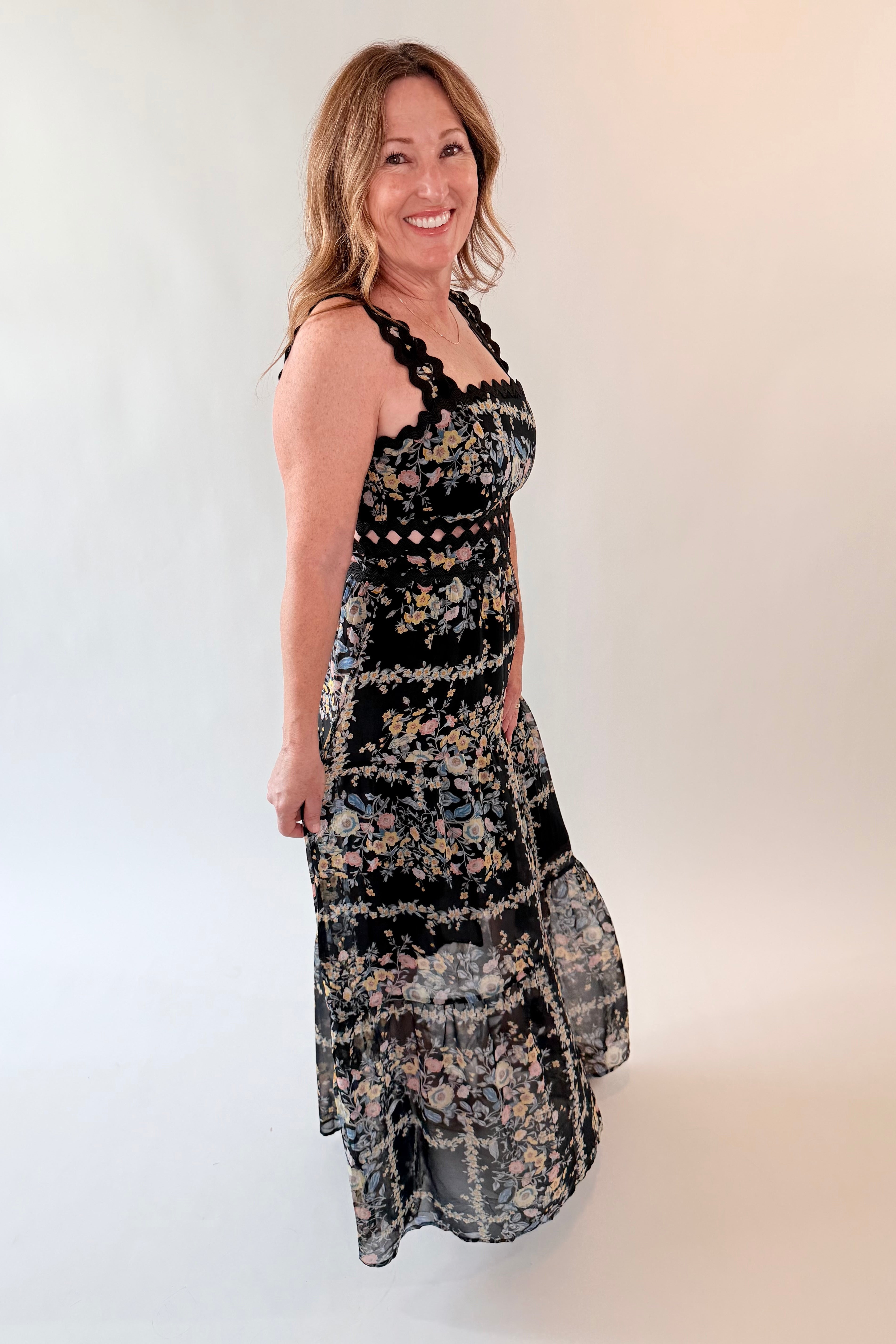 Floral Ric Rac Trim Tiered Maxi Dress