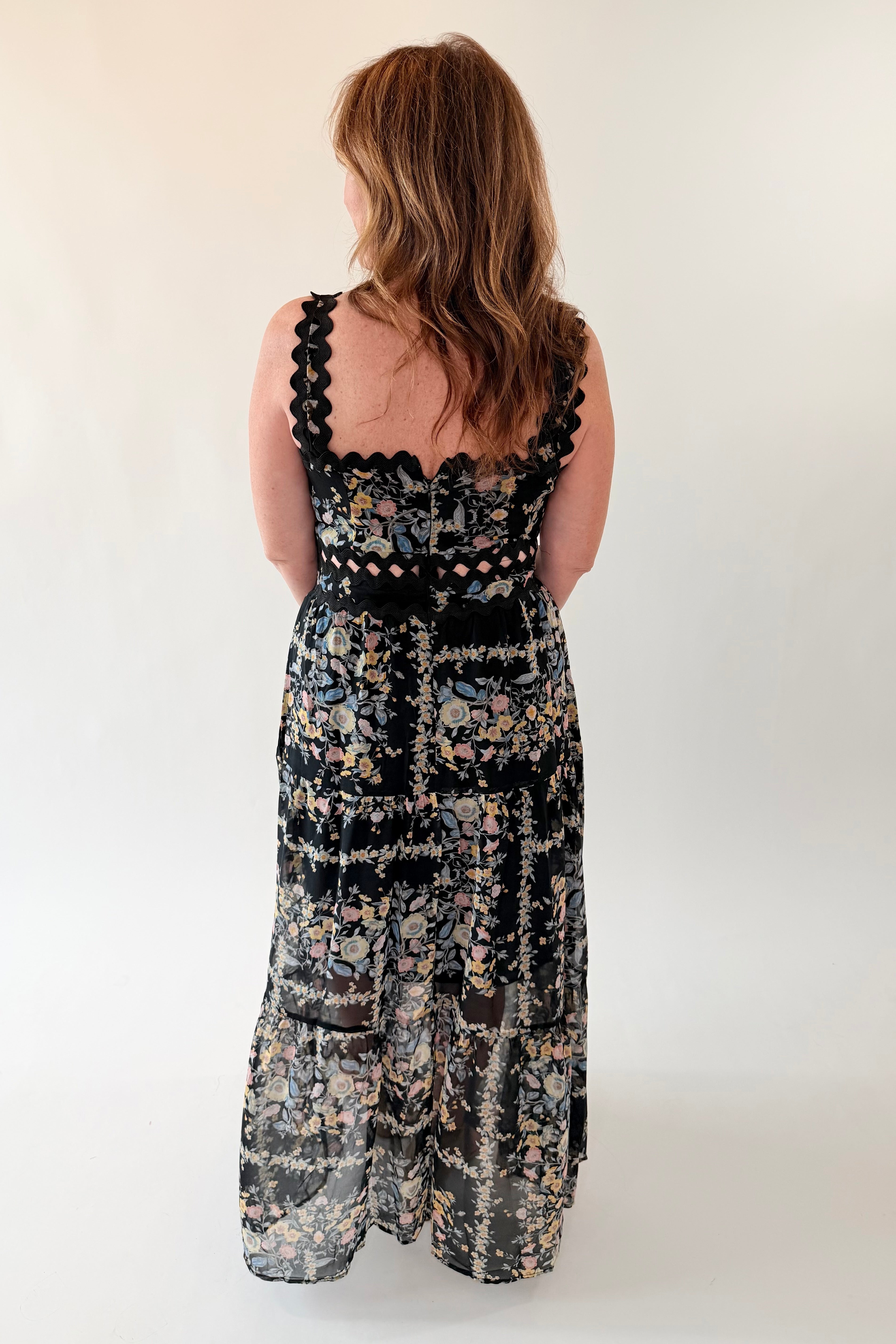 Floral Ric Rac Trim Tiered Maxi Dress