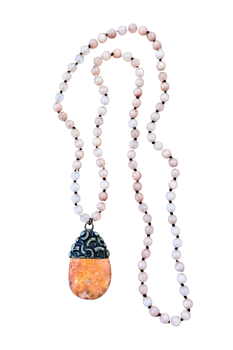 Coral Jasper Palm Stone | Curly Embossed Long Pendant Necklace
