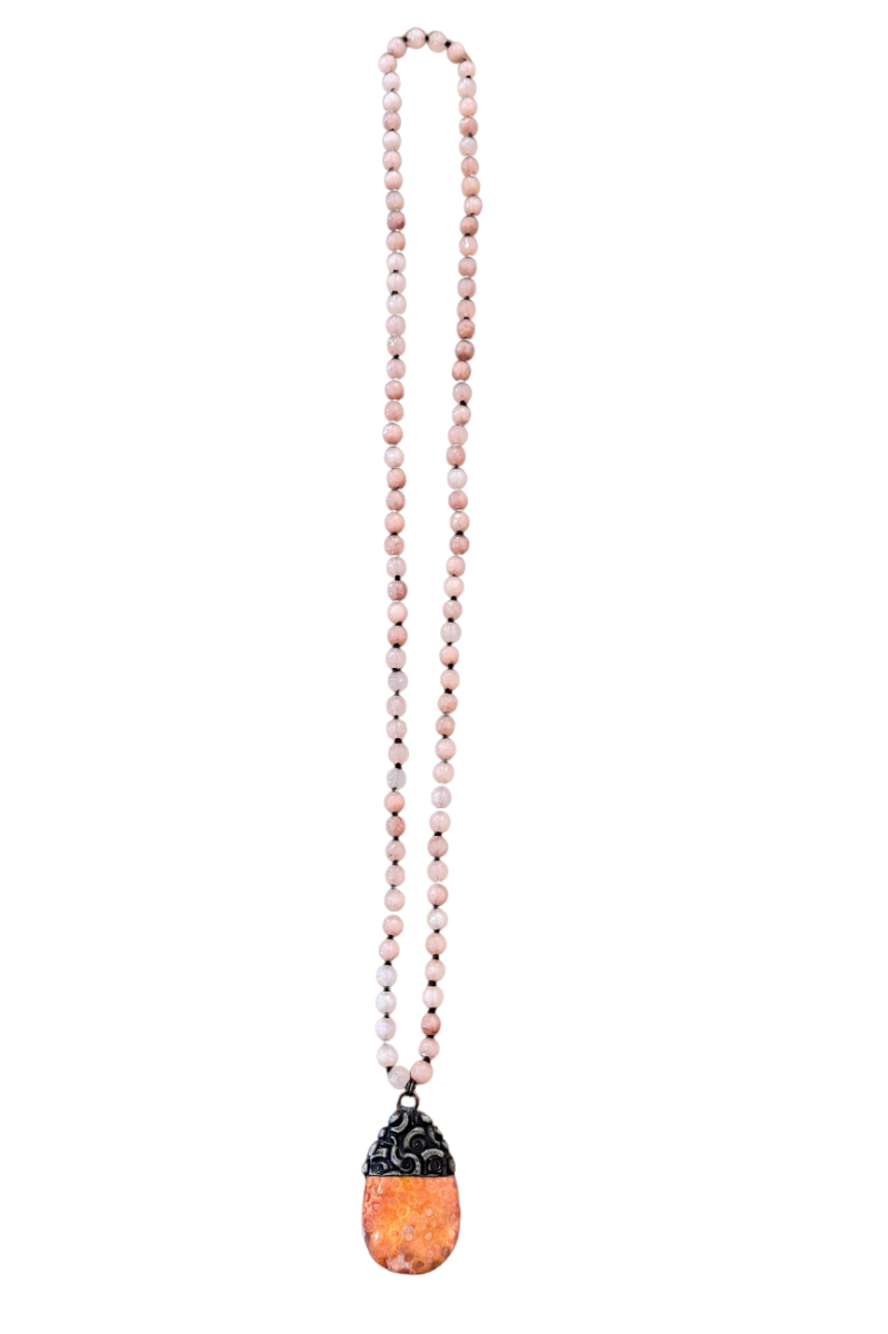 Coral Jasper Palm Stone | Curly Embossed Long Pendant Necklace