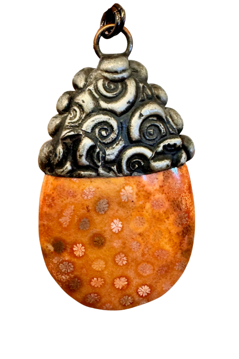 Coral Jasper Palm Stone | Curly Embossed Long Pendant Necklace