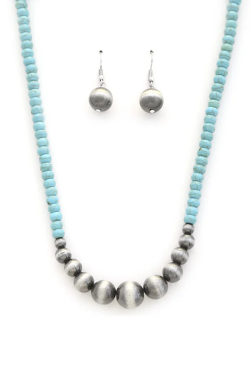 Large Turquoise + Silver Tiger Eye Earring & Necklace Set