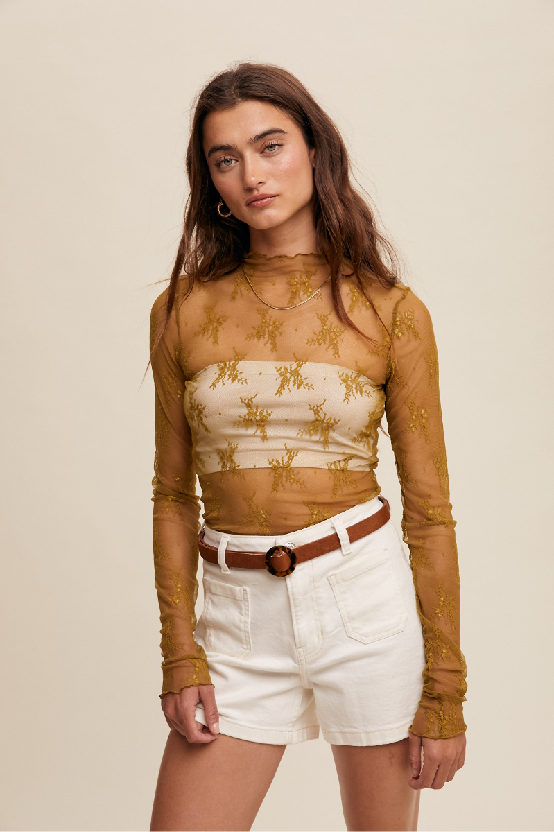 Sheer Lace Long-Sleeve Top
