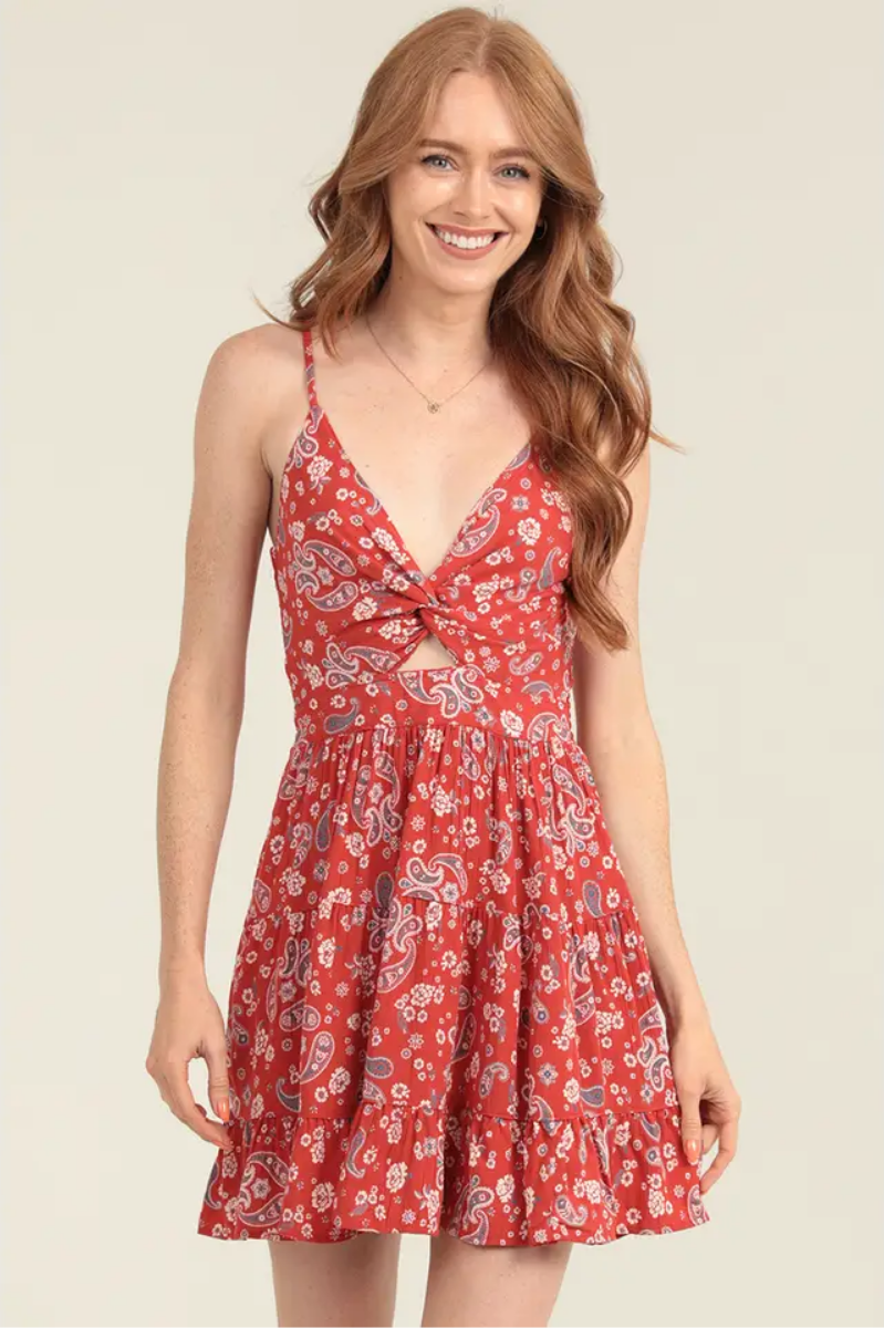 Printed V-Neck Twist Front Cutout Detail Sundress