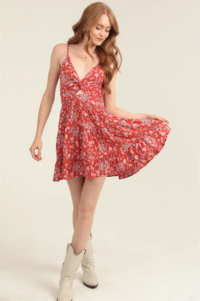 Printed V-Neck Twist Front Cutout Detail Sundress