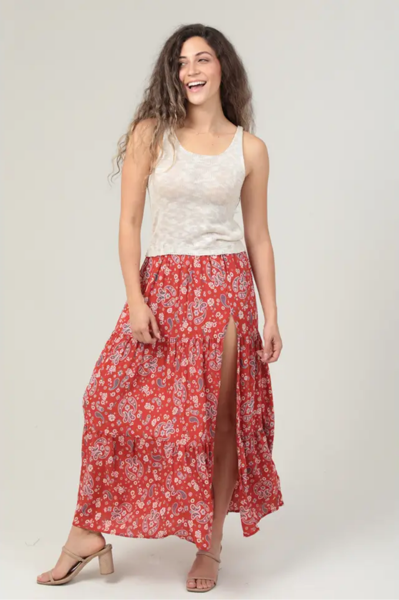 Paisley Print Maxi Skirt with High Side Slit
