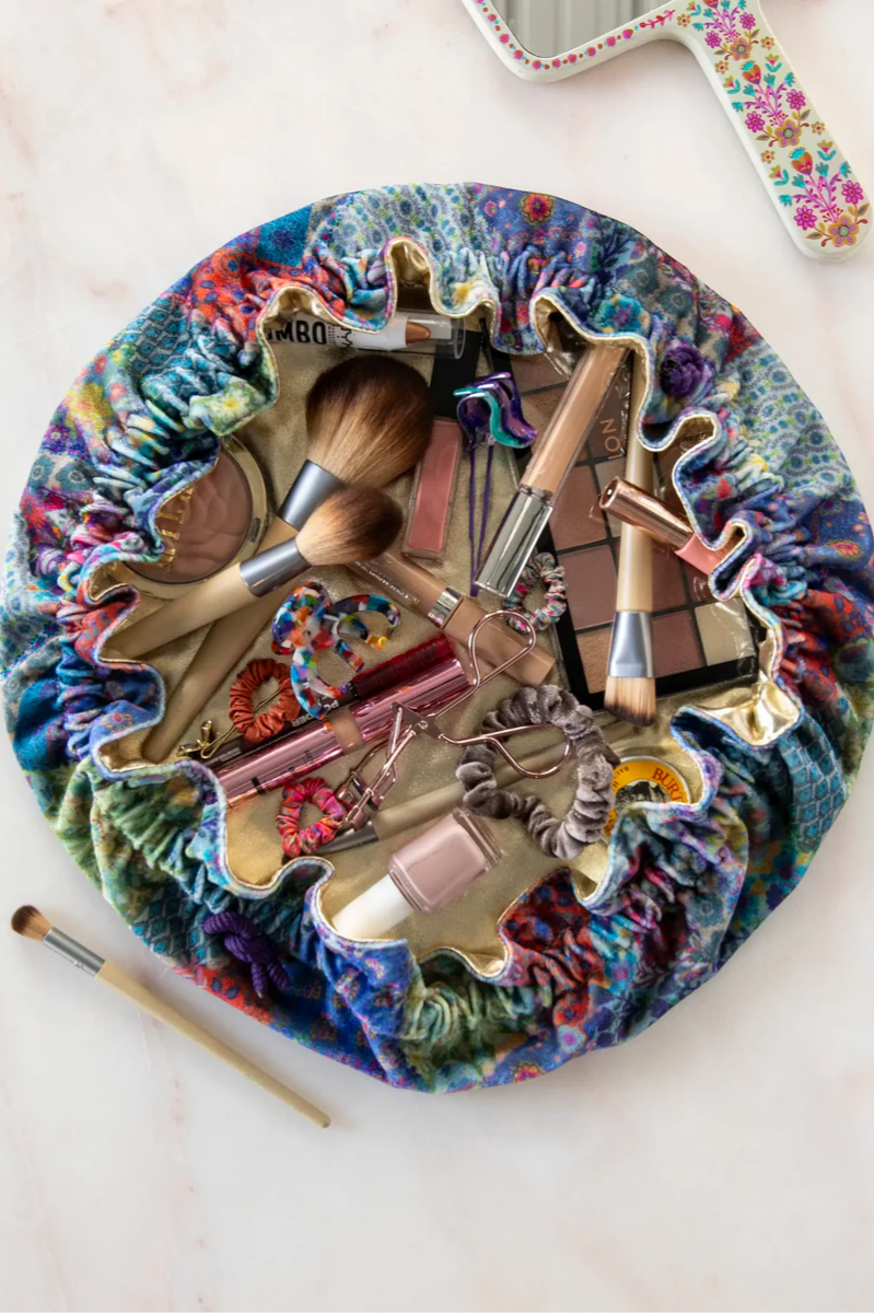 Blue Patchwork Velvet Cosmetic Pouch | Natural Life
