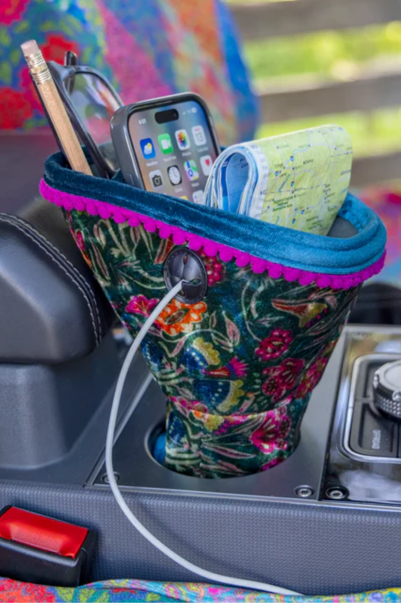 Car Cup Holder Organizer | Velvet Green Painterly Vines
