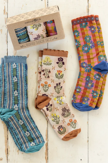 Cream Folk Flower Boxed Boho Socks, Set of 3 | Natural Life