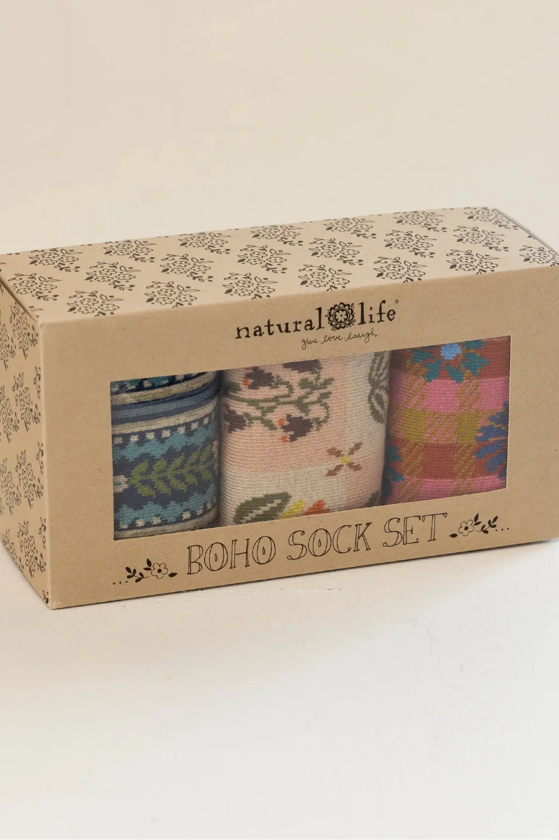 Cream Folk Flower Boxed Boho Socks, Set of 3 | Natural Life