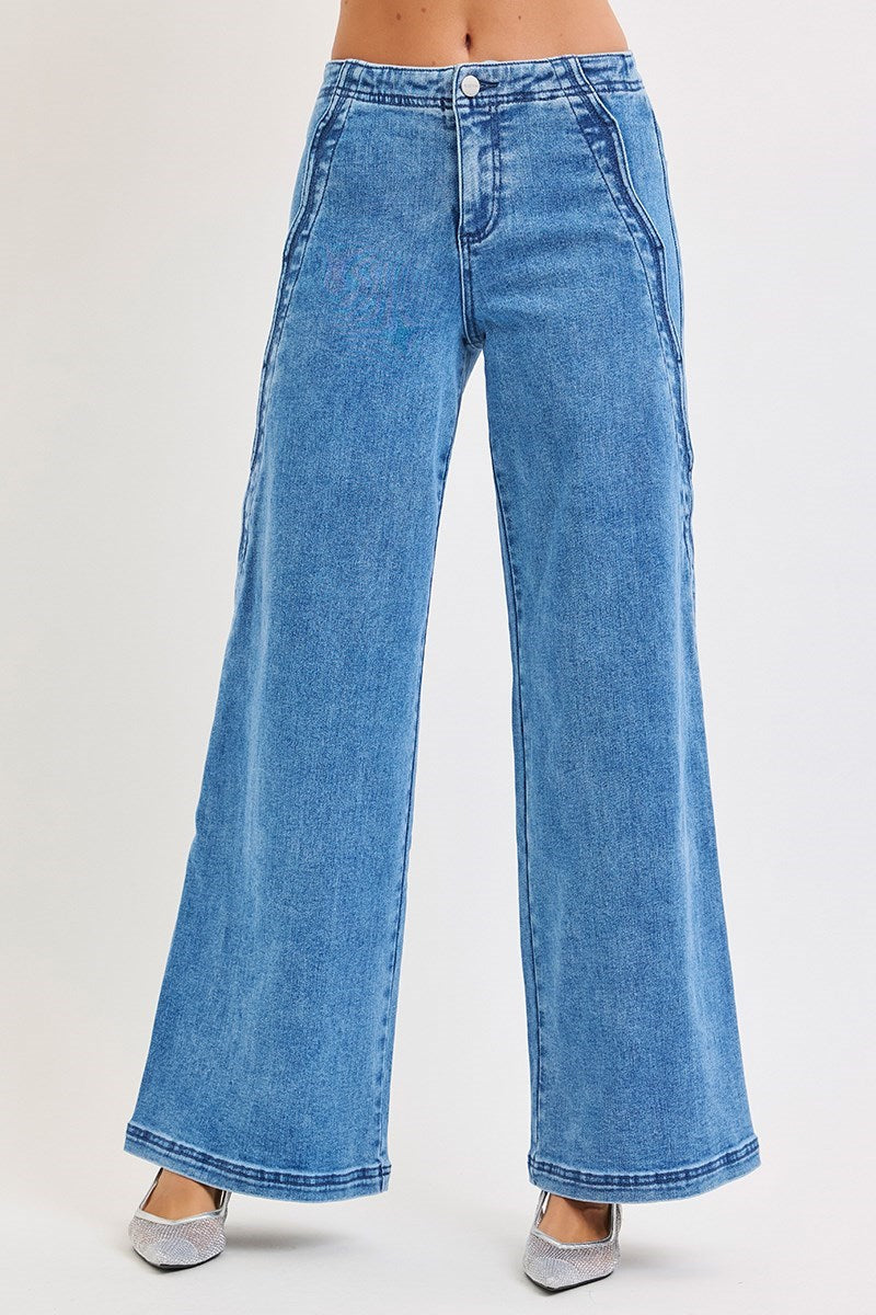 RISEN High Rise Scalloped Edge Wide Leg Denim