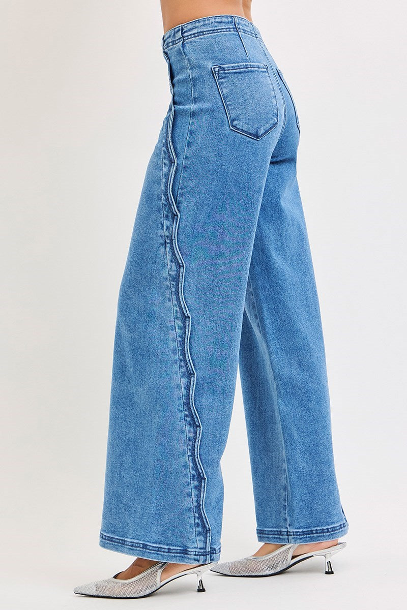 RISEN High Rise Scalloped Edge Wide Leg Denim
