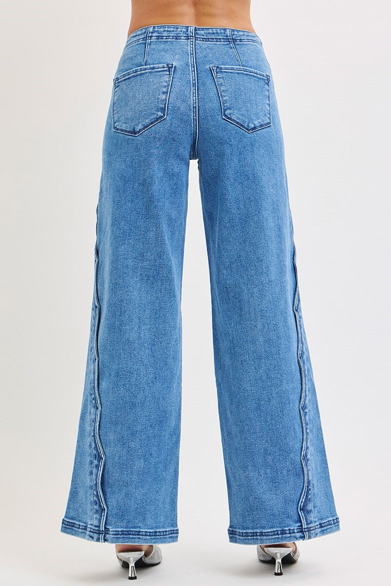 RISEN High Rise Scalloped Edge Wide Leg Denim