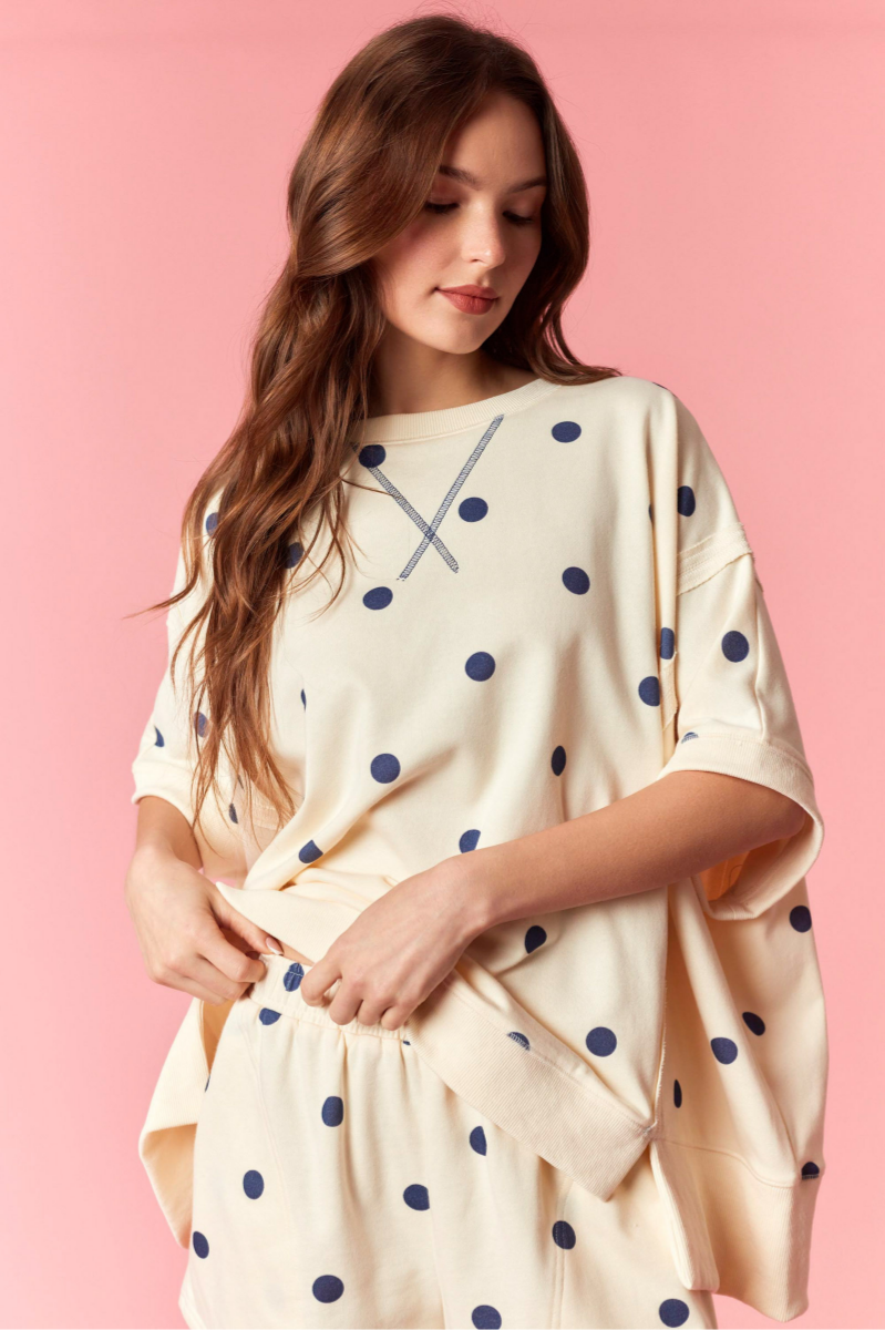 Polka Dot Print French Terry Dolman Shorts