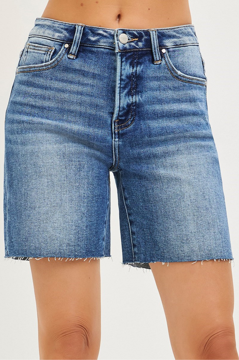 RISEN Tummy Control High Rise Mid Length Raw Cut Hem Shorts