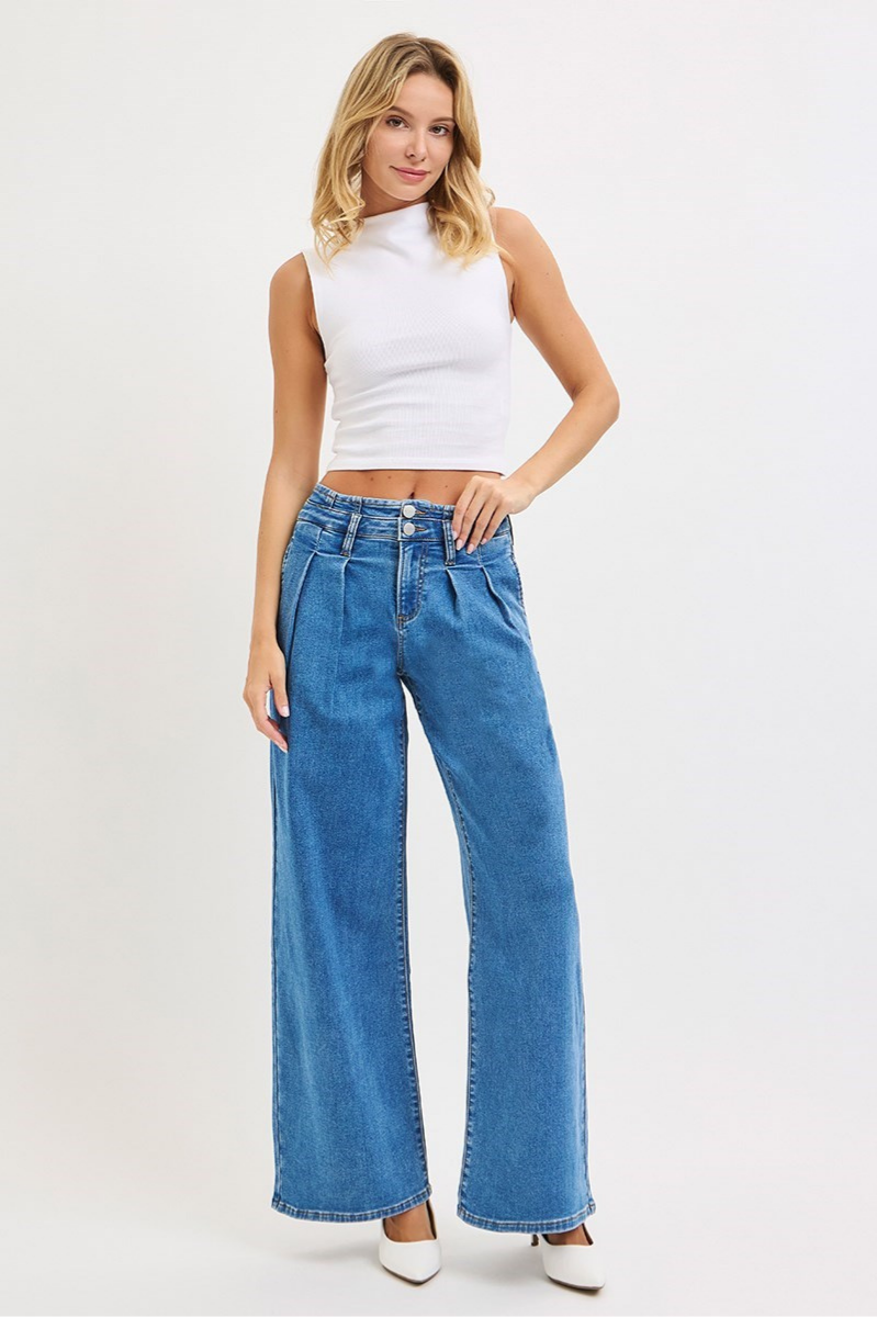 RISEN Pleated Wide Leg Slouchy Jeans | Final Sale
