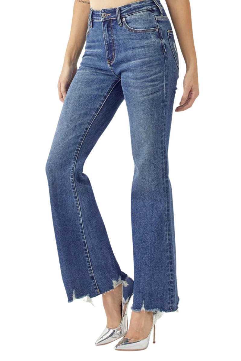 RISEN Curvy Mid Rise Raw Hem Flare Jeans