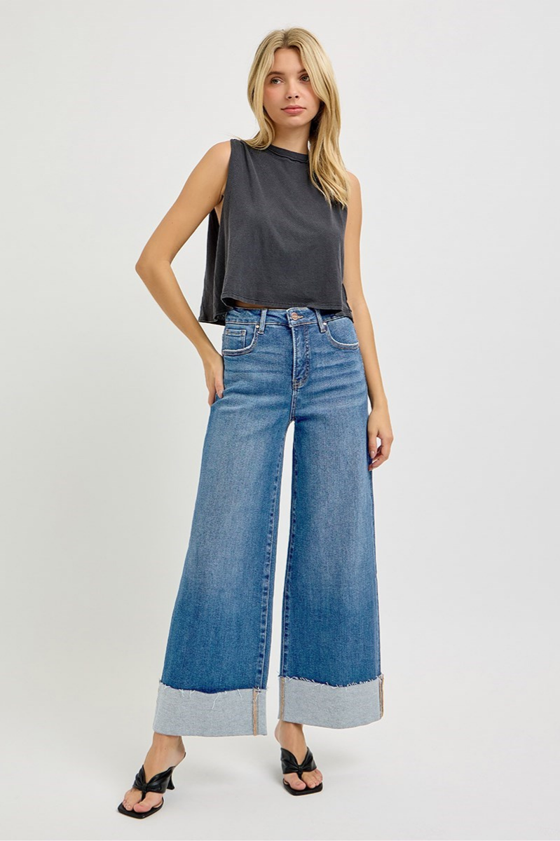 RISEN Tummy Control High Rise Crop Wide Cuffed Jeans