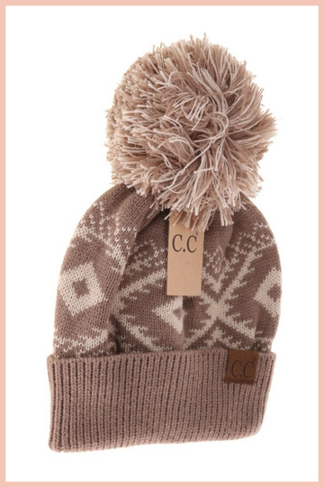 PRINTED BEANIE W/ YARN POM POM | TAUPE