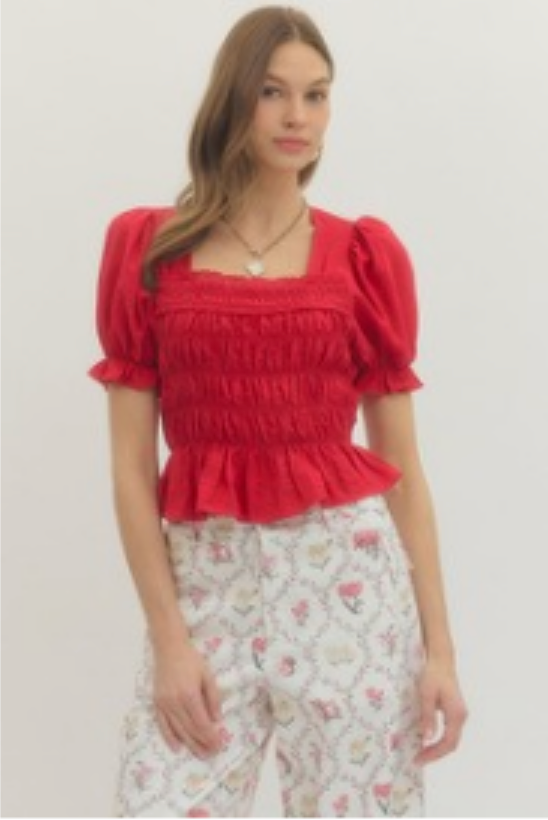 Smocked Puff Sleeve Peplum Top