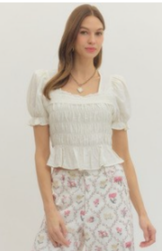 Smocked Puff Sleeve Peplum Top