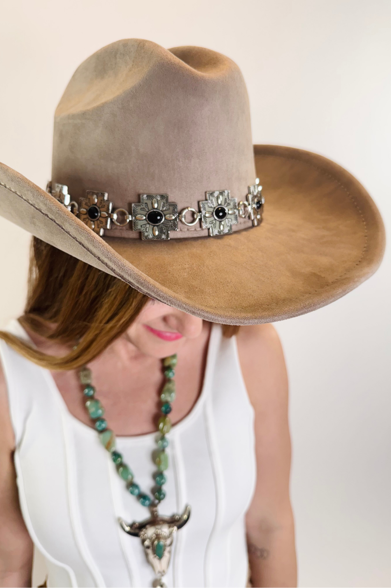 Silver + Black Aztec Cross Band Suede Cowboy Hat