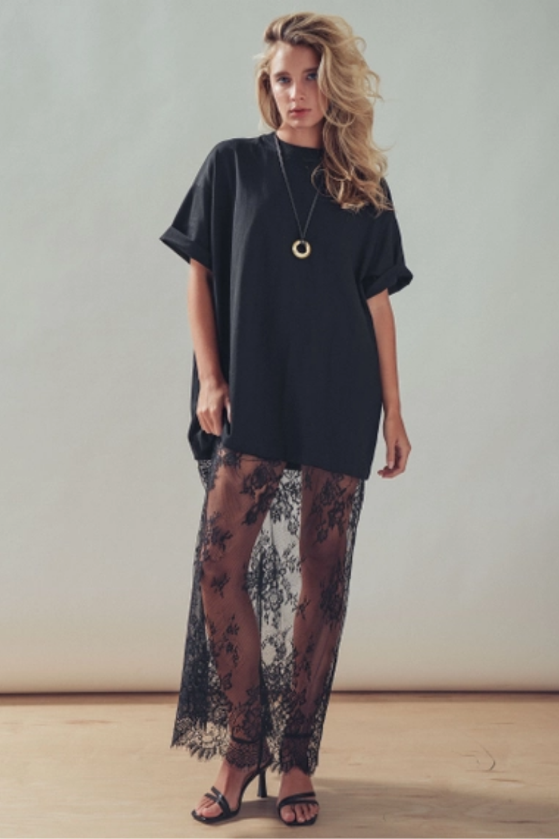 Mixed-Media T-Shirt Dress + Sheer Lace Skirt