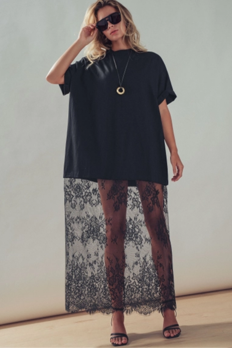 Mixed-Media T-Shirt Dress + Sheer Lace Skirt