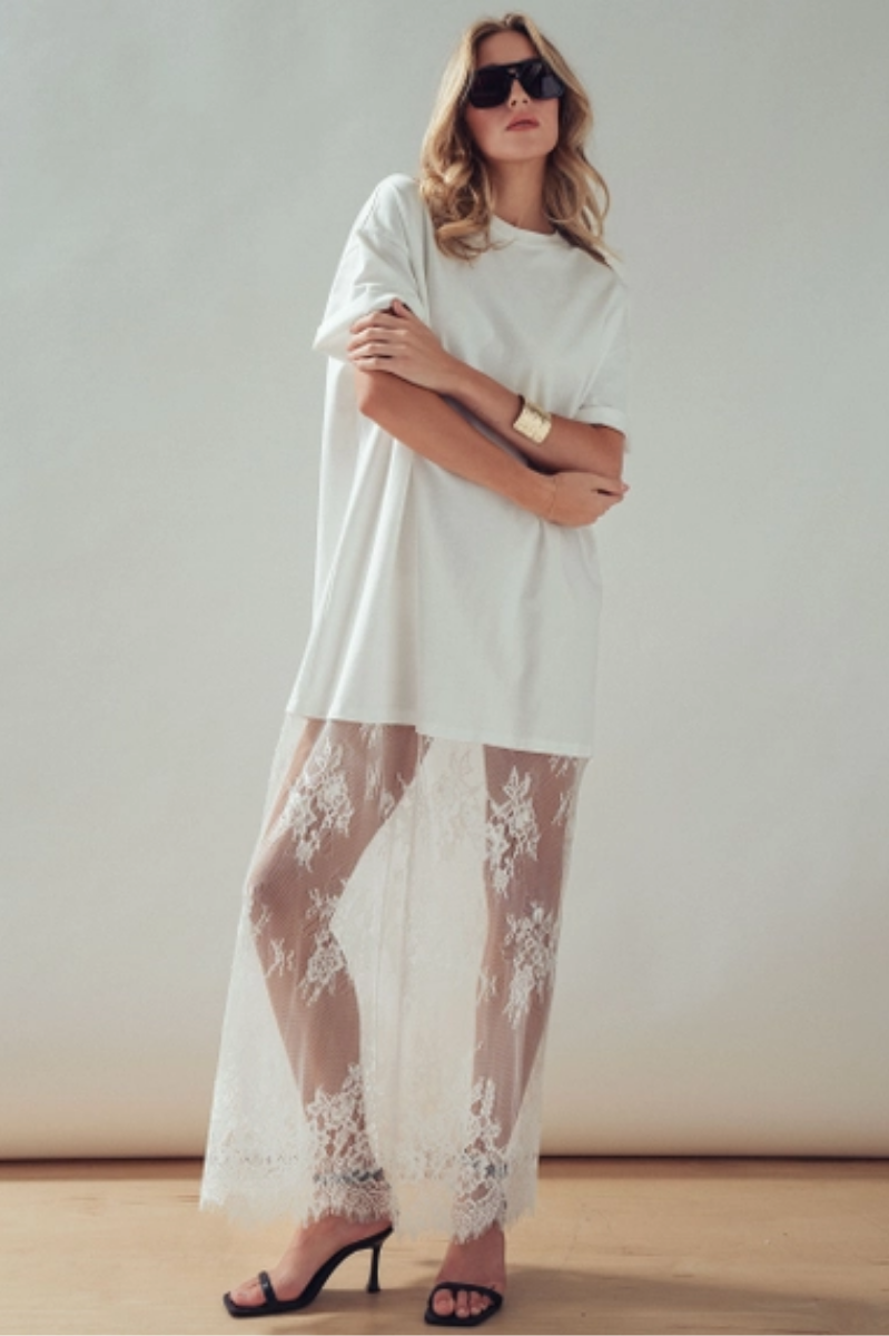 Mixed-Media T-Shirt Dress + Sheer Lace Skirt