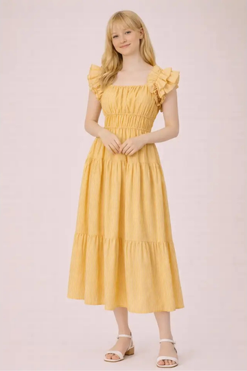 Shoulder Ruffle Detail Stripe Midi Dress