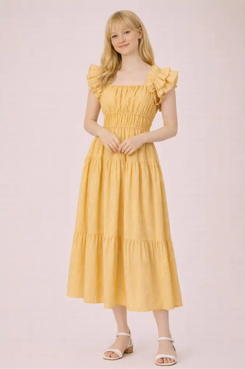 Shoulder Ruffle Detail Stripe Midi Dress