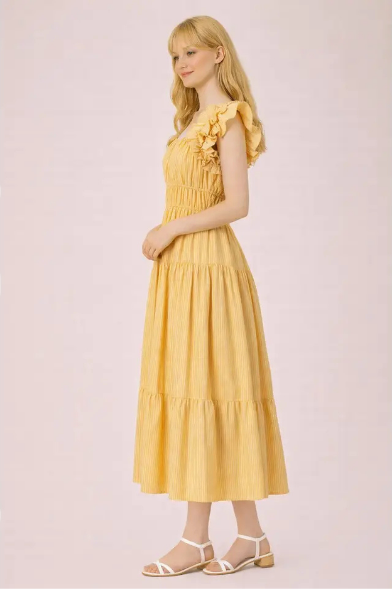 Shoulder Ruffle Detail Stripe Midi Dress