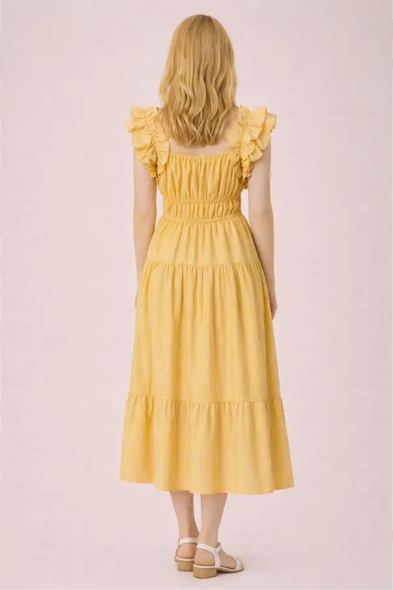 Shoulder Ruffle Detail Stripe Midi Dress