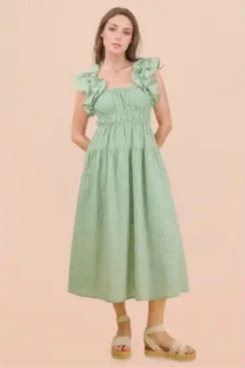 Shoulder Ruffle Detail Stripe Midi Dress