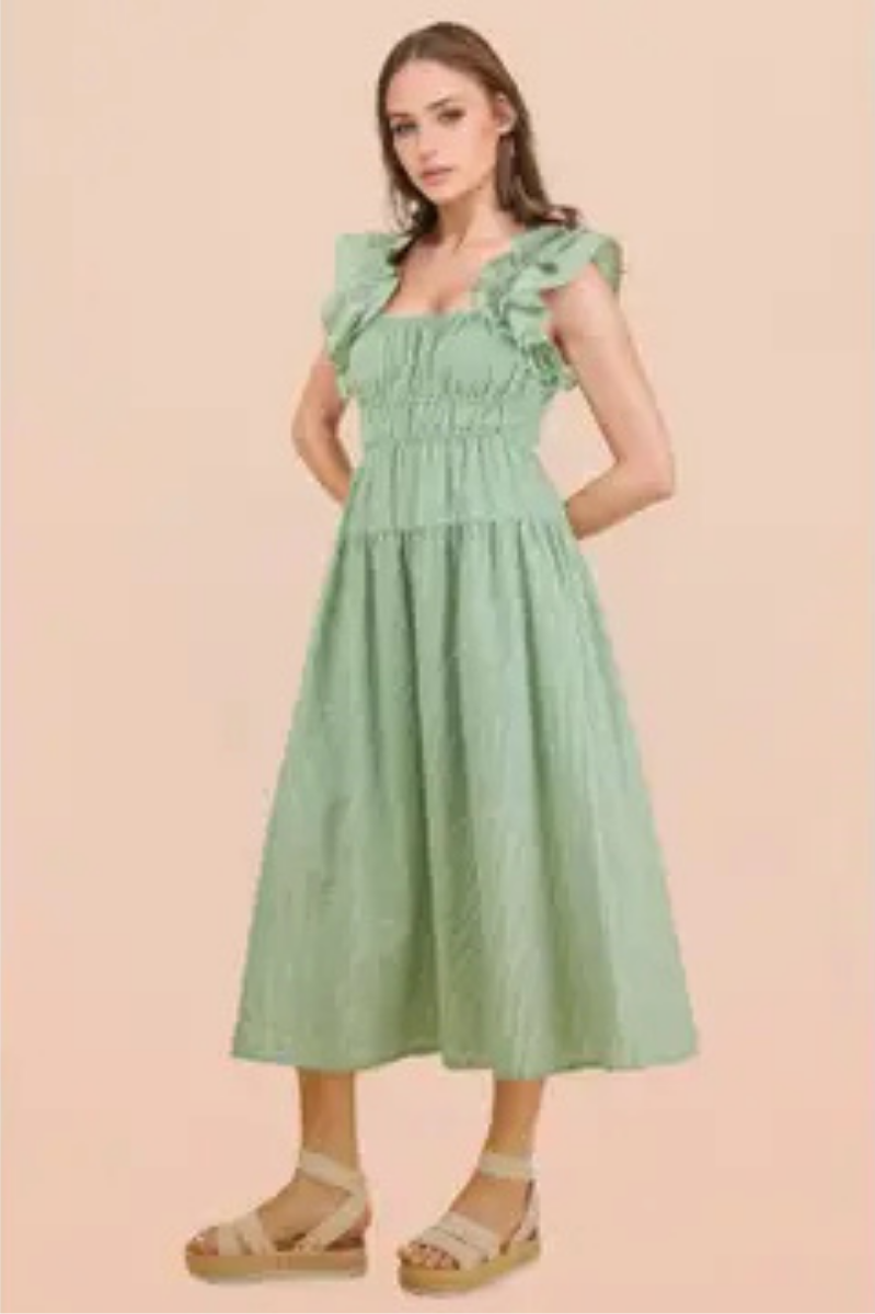 Shoulder Ruffle Detail Stripe Midi Dress