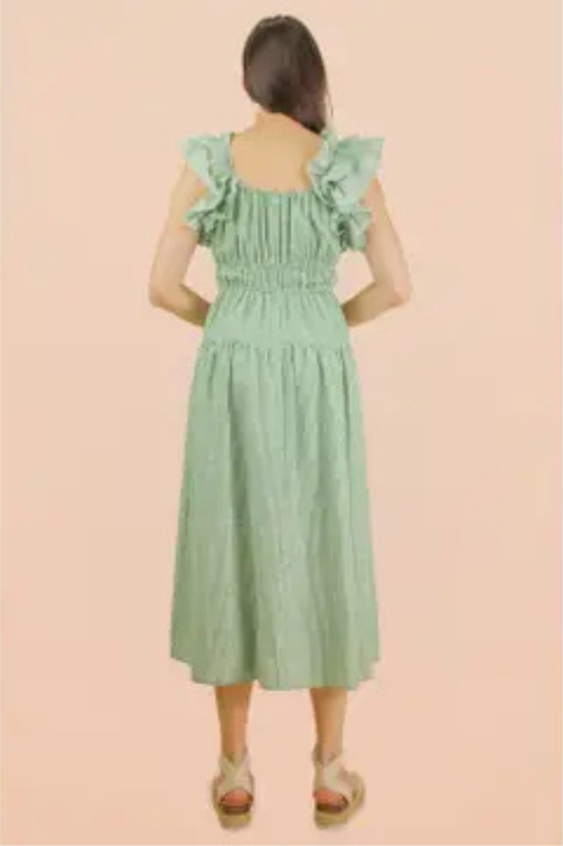 Shoulder Ruffle Detail Stripe Midi Dress