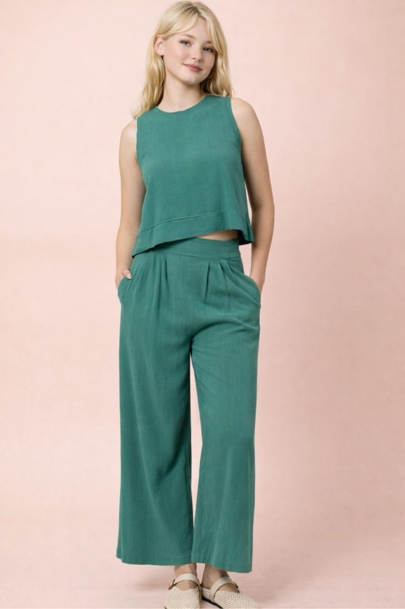 Solid Linen Blend Wide Leg Pants
