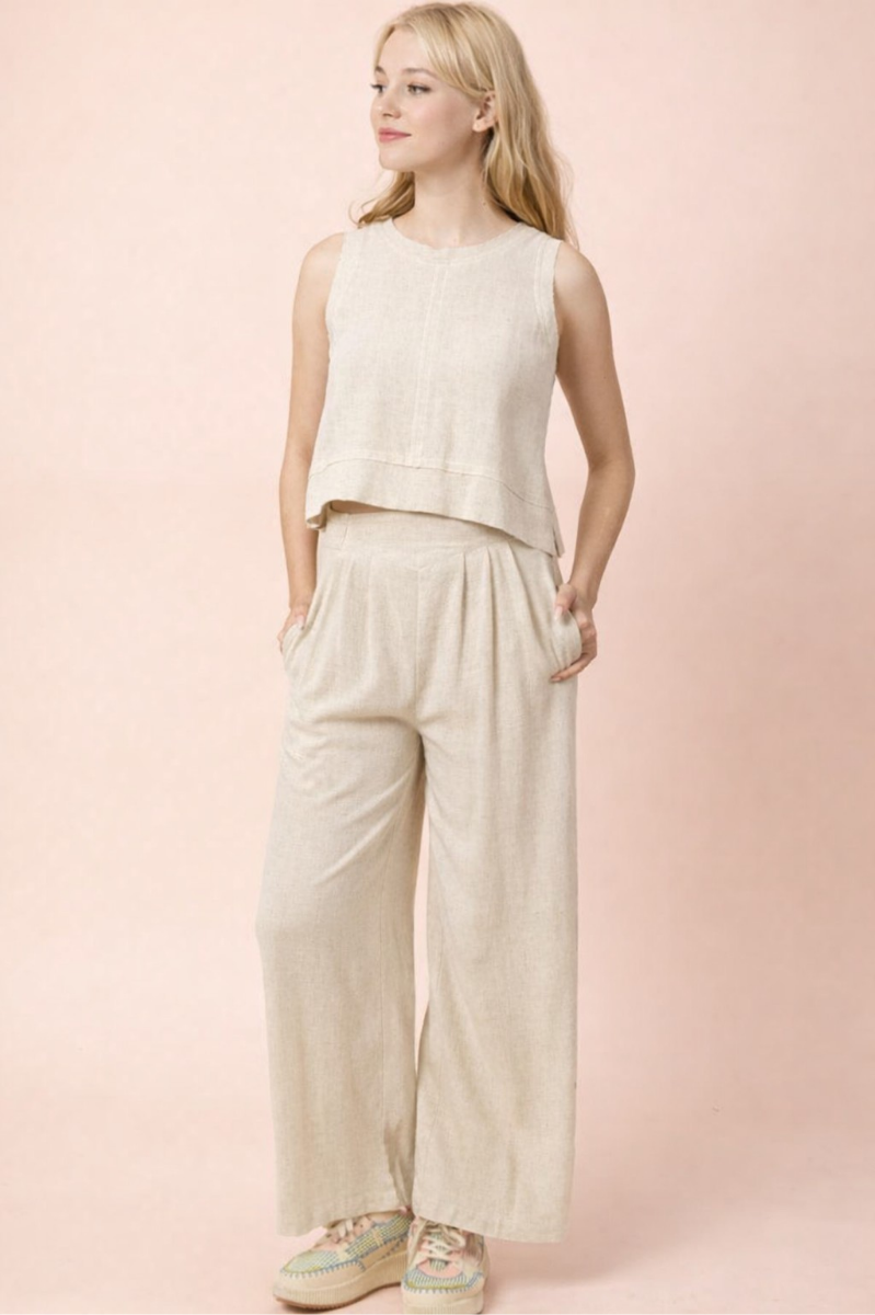 Solid Linen Blend Wide Leg Pants