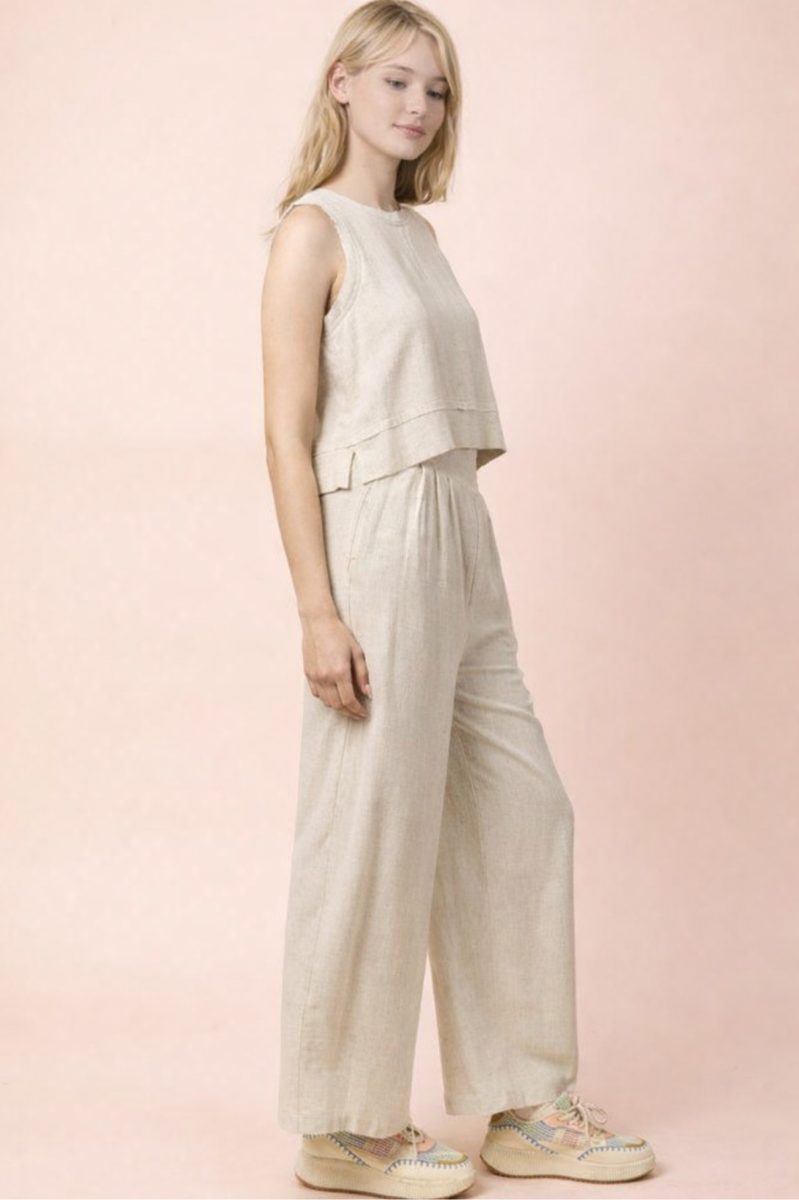 Solid Linen Blend Wide Leg Pants